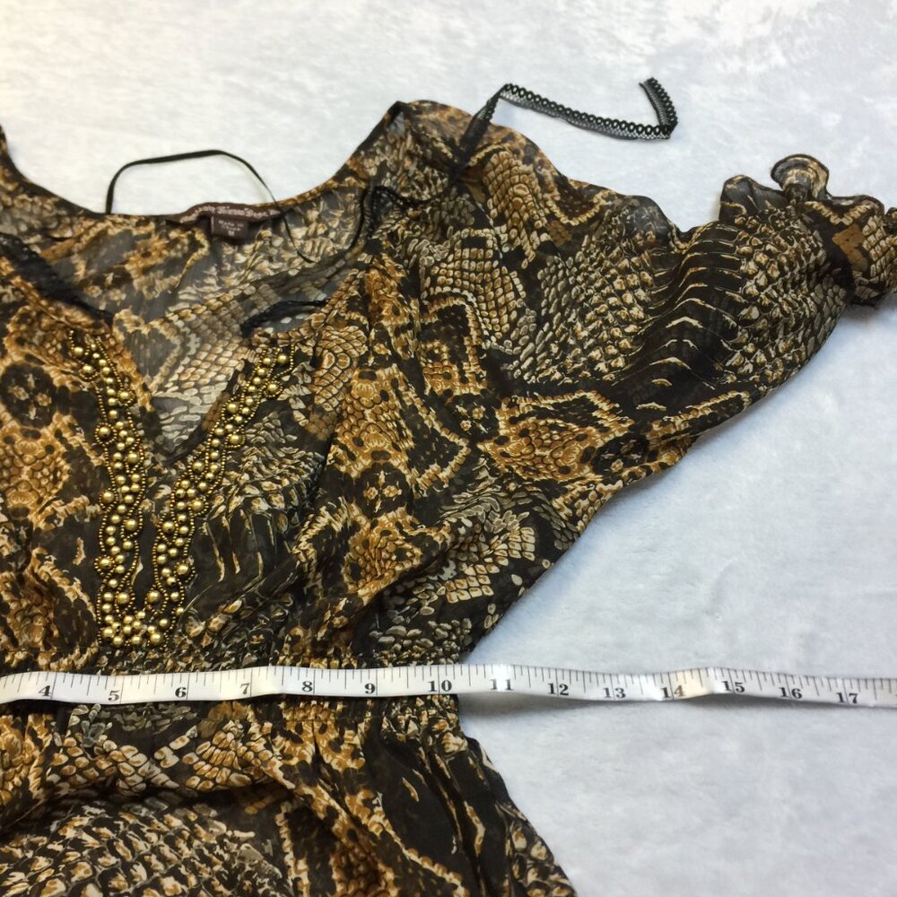Mushka By Sienna Rose Tunic Blouse Sz M Womens Animal Print Smocked Waist Beaded - Picture 10 of 13